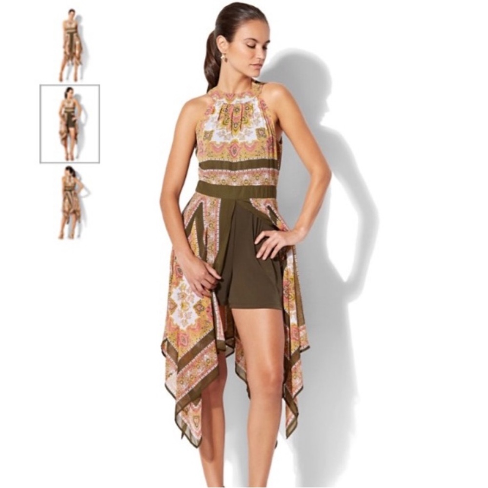 Scarf Hem Halter Dress Romper Size 6 Deep Jungle NY&C New York and Company Olive